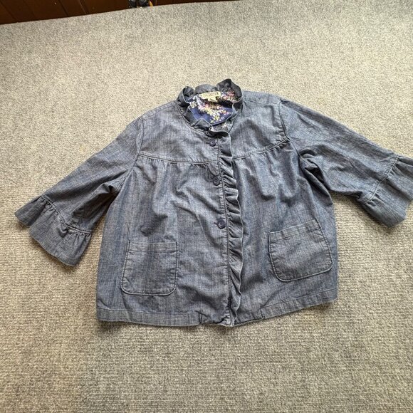 Route 66 jacket‎ Womens 3X Blue Jean Ruffle Front 100% Cotton Denim - Picture 1 of 12